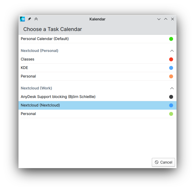 Choosing Task Calendar showing color